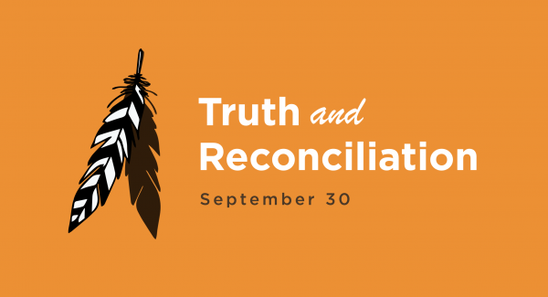 A feather on an orangeg bacground with the words Truth and Reconciliation on it